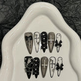 10pcs Handmade Press On Nails Dark Black Long Stiletto 3D Bowknots Rhinestone Decor False Nails Sweet Cool Manicure For Women